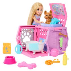 BARBIE CHELSEA - COFFRET DE JEU CAGE DE TRANSPORT POUR CHIOT AVEC POUPÉE